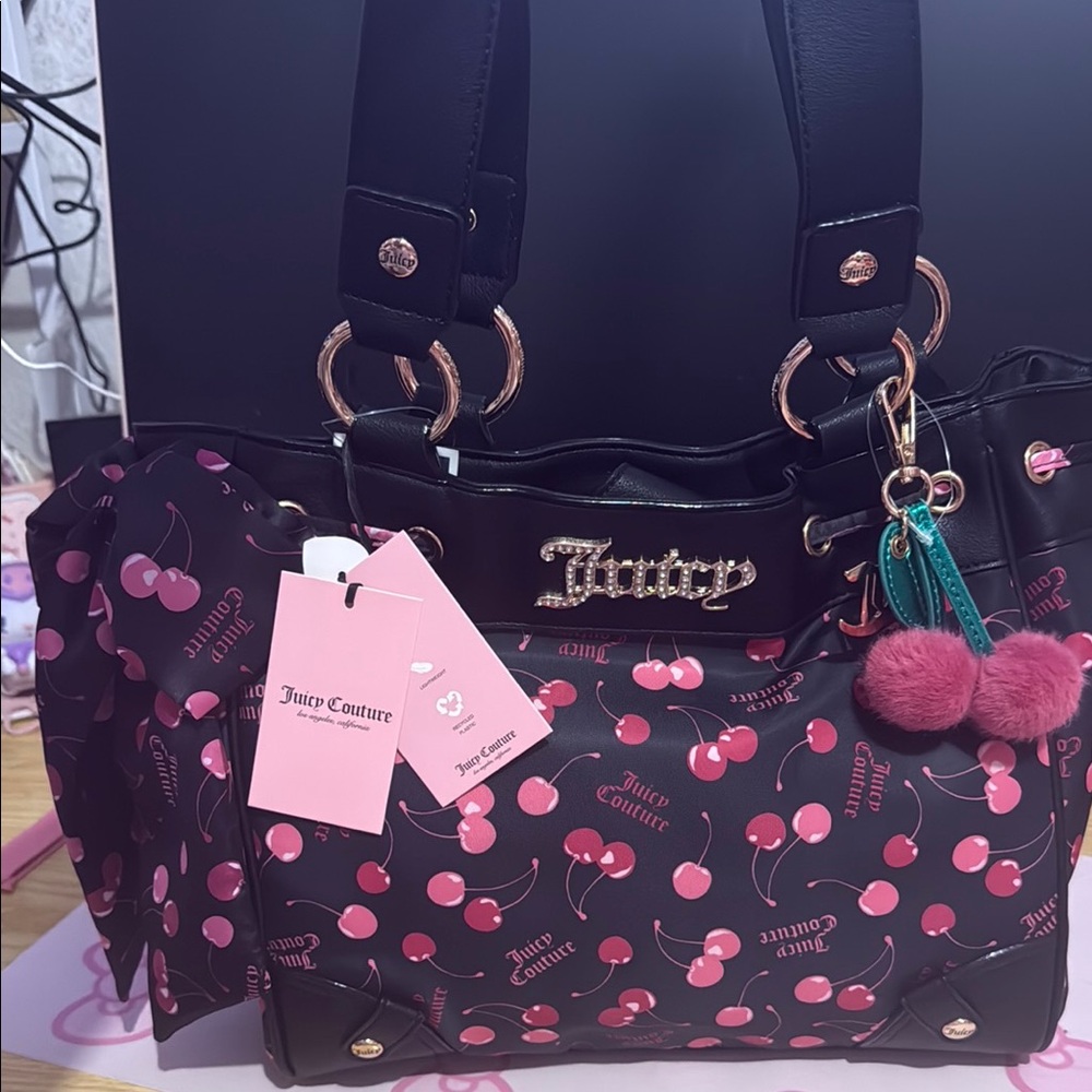 Juicy Couture Black and Pink Cherry Tote with Playful Charm